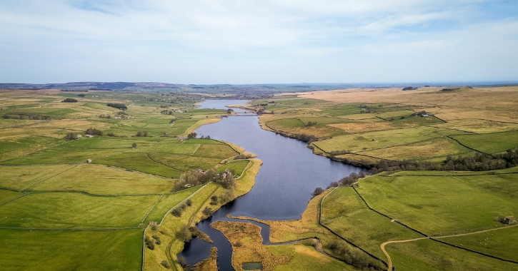 Aerial view of Blackton, Hury and Balderhead Reservoirs in the Durham Dales.